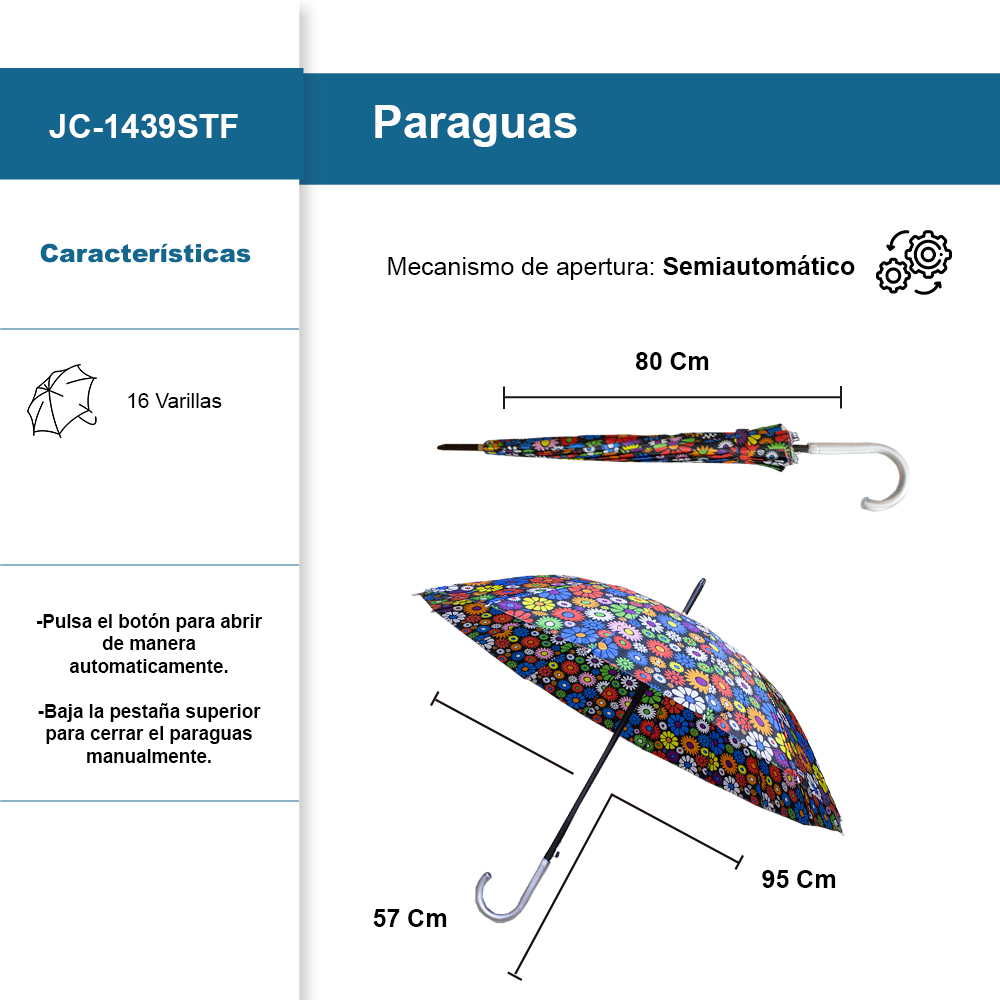 Foto 3 pulgar | Paraguas Sombrilla Clásica Semiautomática Plegable De Bastón