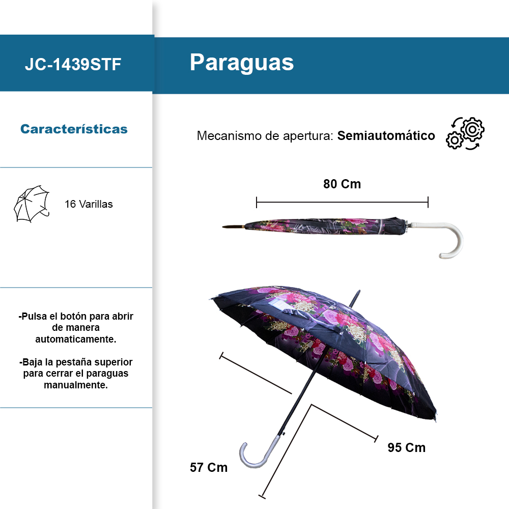 Foto 3 pulgar | Paraguas Sombrilla Clásica Semiautomática Plegable De Bastón