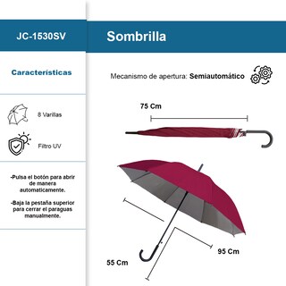 Foto 2 | Paraguas Sombrilla Tipo Baston Semi Automático