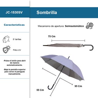 Foto 2 | Paraguas Sombrilla Tipo Baston Semi Automático