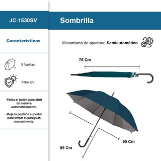 Foto 2 | Paraguas Sombrilla Tipo Baston Semi Automático