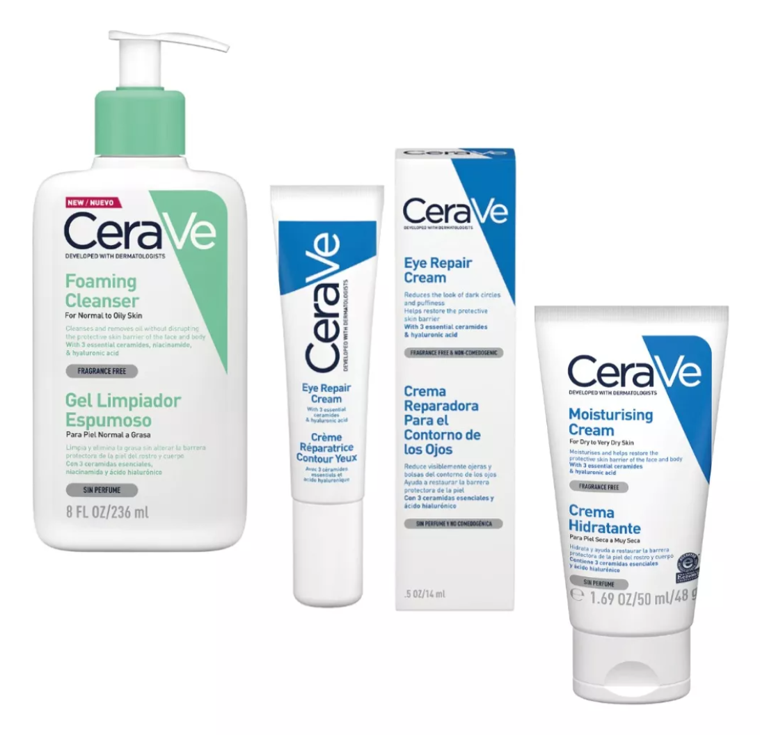 Kit Skincare Cuidado De La Piel Cerave: Gel Limpiador, Crema Ojos E Hidratante Facial Y Corporal Reparador Hidrante