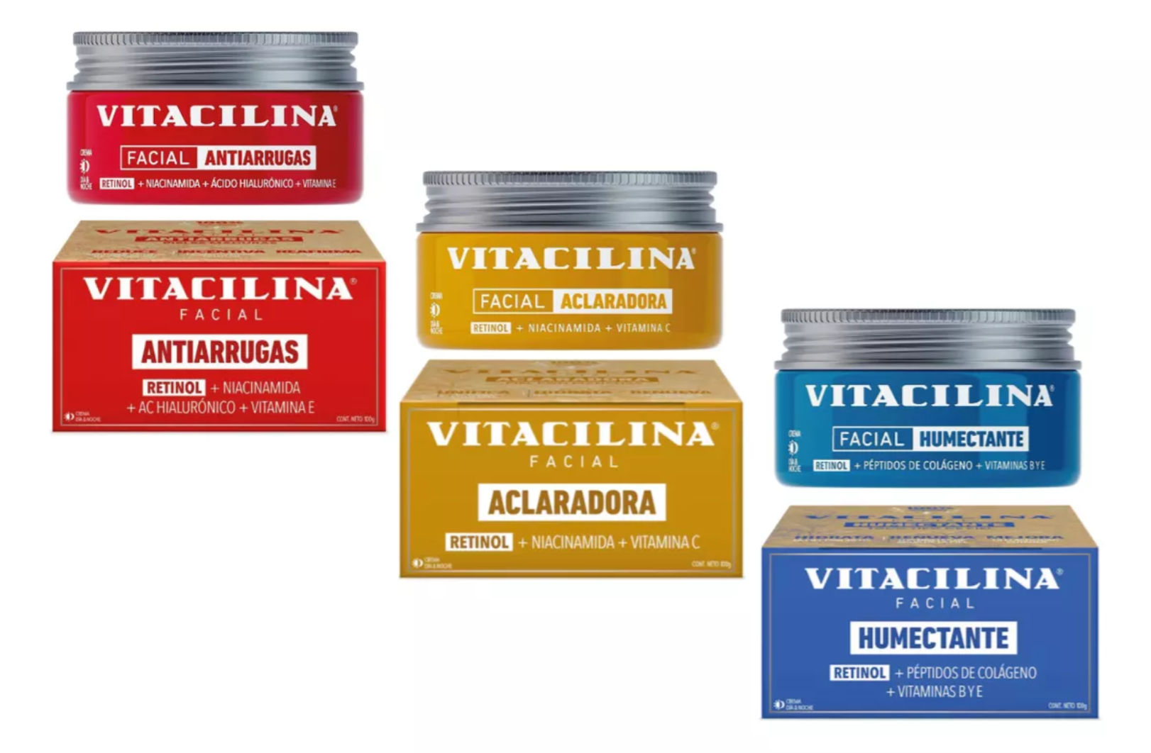 Foto 2 pulgar | Skincare Antiarrugas Aclarador Humectante Vitacilina 3 Piezas Con Colágeno, Retinol, Ácido Hialurónico Y Niacinamida