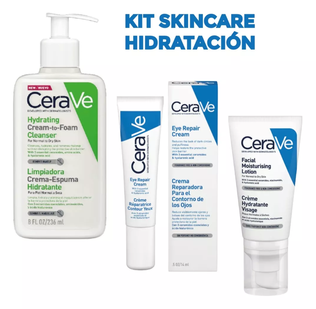 Kit Skincare Limpiador Restaurador Hidratante Facial Cerave: Reduce Ojeras Y Hidrata Y Restaura La Piel