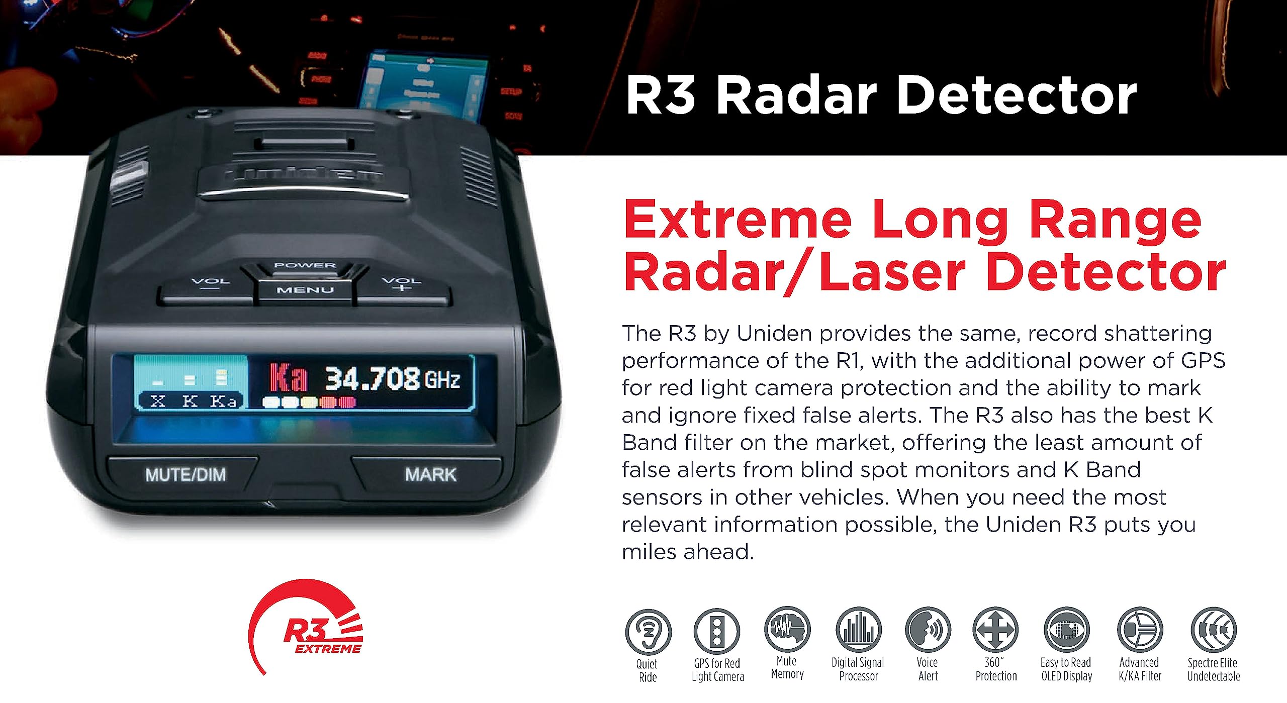 Foto 2 | Detector De Radar Uniden R3 Extreme Long Range Con Gps, Negro - Venta Internacional.