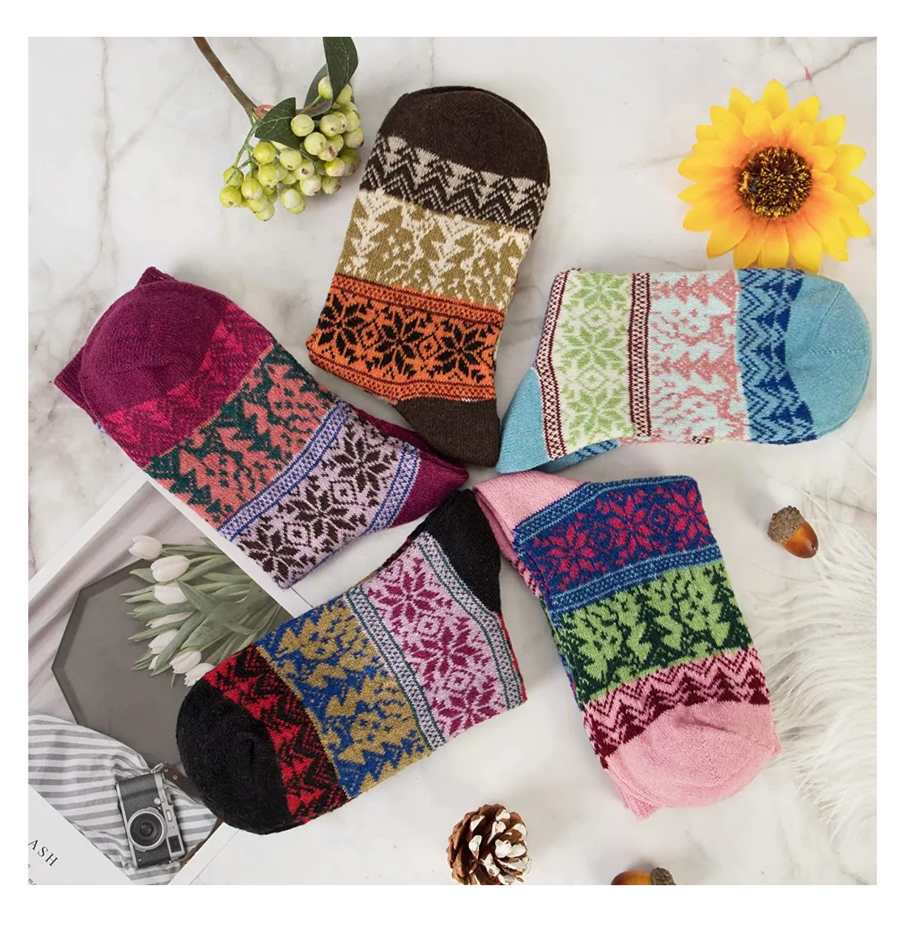 Foto 2 | Calcetines De Mujer Termicos Lana Suaves Estampados 5 Pares Colores