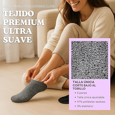 Foto 2 | 5 Pares Calcetines Bajos Para Mujer Ultra Suaves | Corte Bajo Invisible | Tacto Sedoso Tipo Nube Negro/gris
