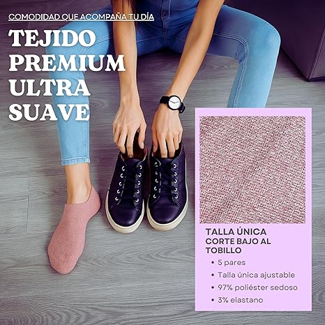 Foto 3 pulgar | Pack 5 Pares Calcetines Bajos Para Mujer Ultra Suaves | Corte Bajo Invisible | Tacto Sedoso Tipo Nube  ROSA/BLANCO/NEGRO
