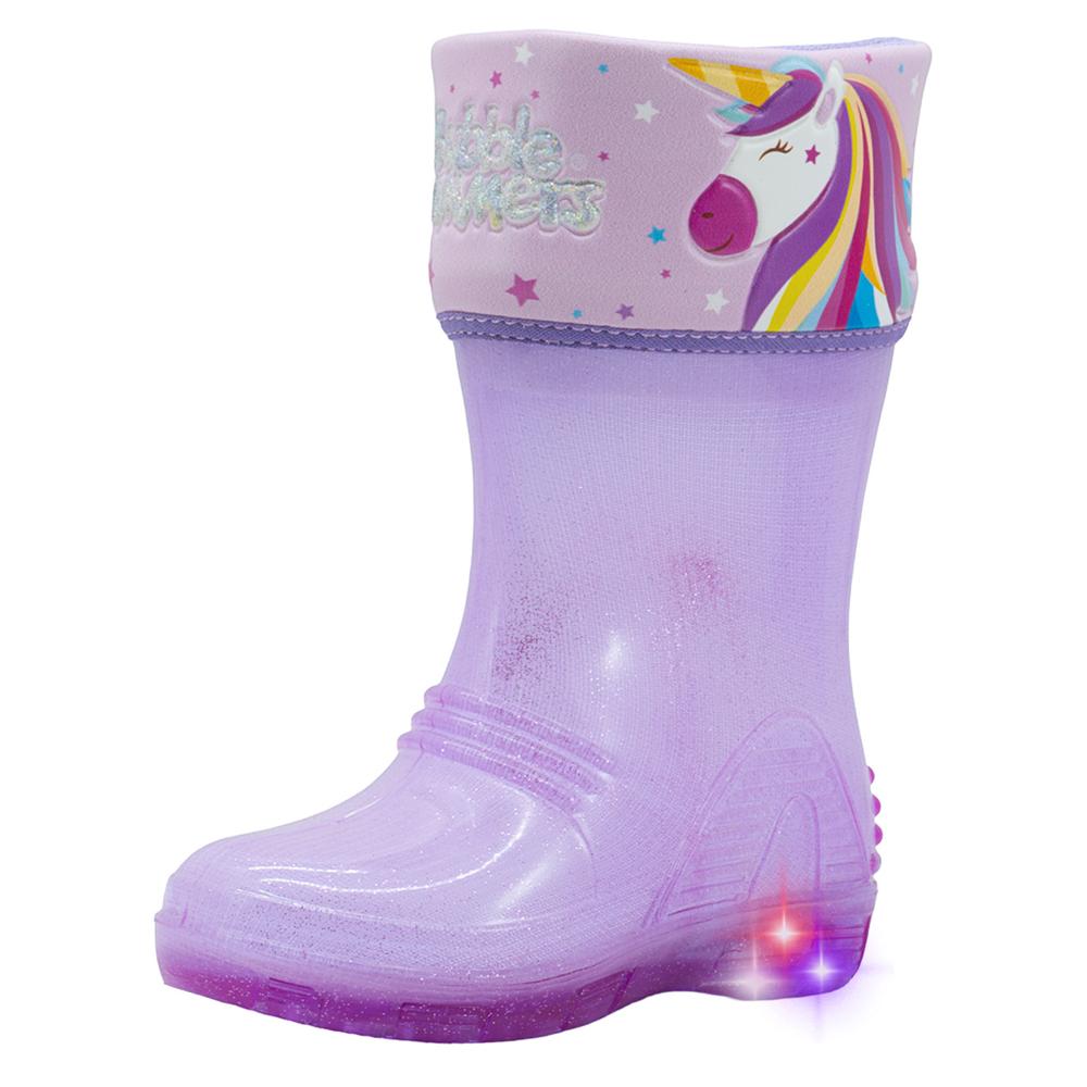 Foto 5 pulgar | Bota Lluvia Para Niña Bubble Gummers  Unicornio Con Luces Lila