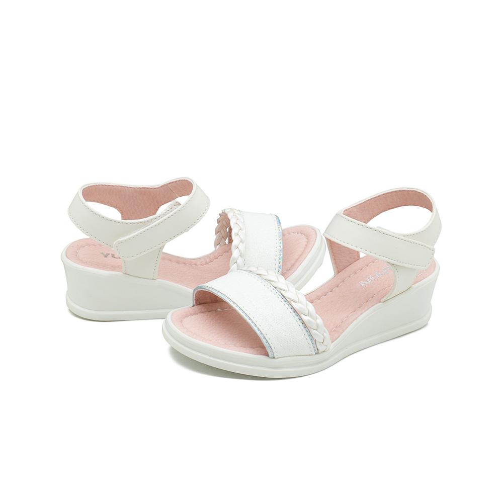Foto 7 pulgar | Sandalia Plataforma Para Niña Charol Blanco Trenzada Ligeras Beige