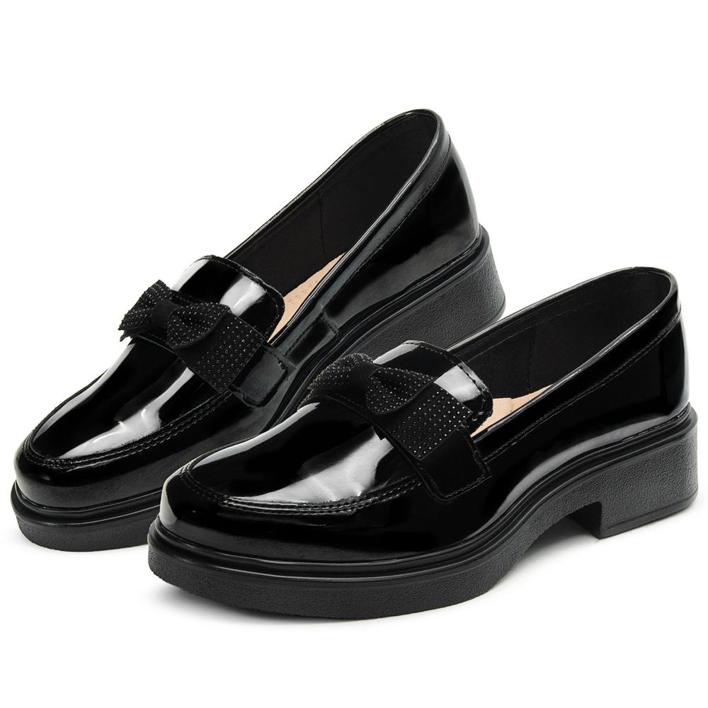 Zapato Casual Escolar Moda Moño Con Tacon Charol Negro Negro