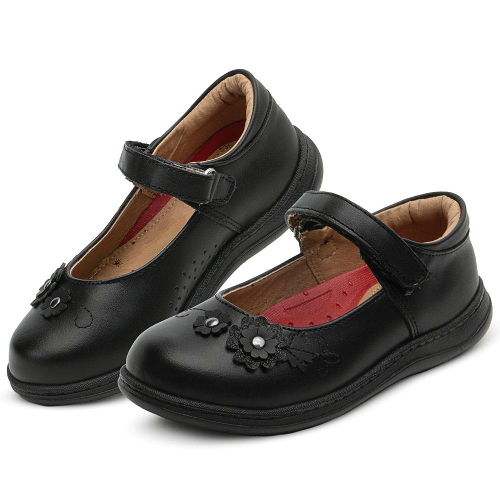 Foto 2 pulgar | Zapato Escolar Para Niña De Piel Florecita Soporte Arco Negro