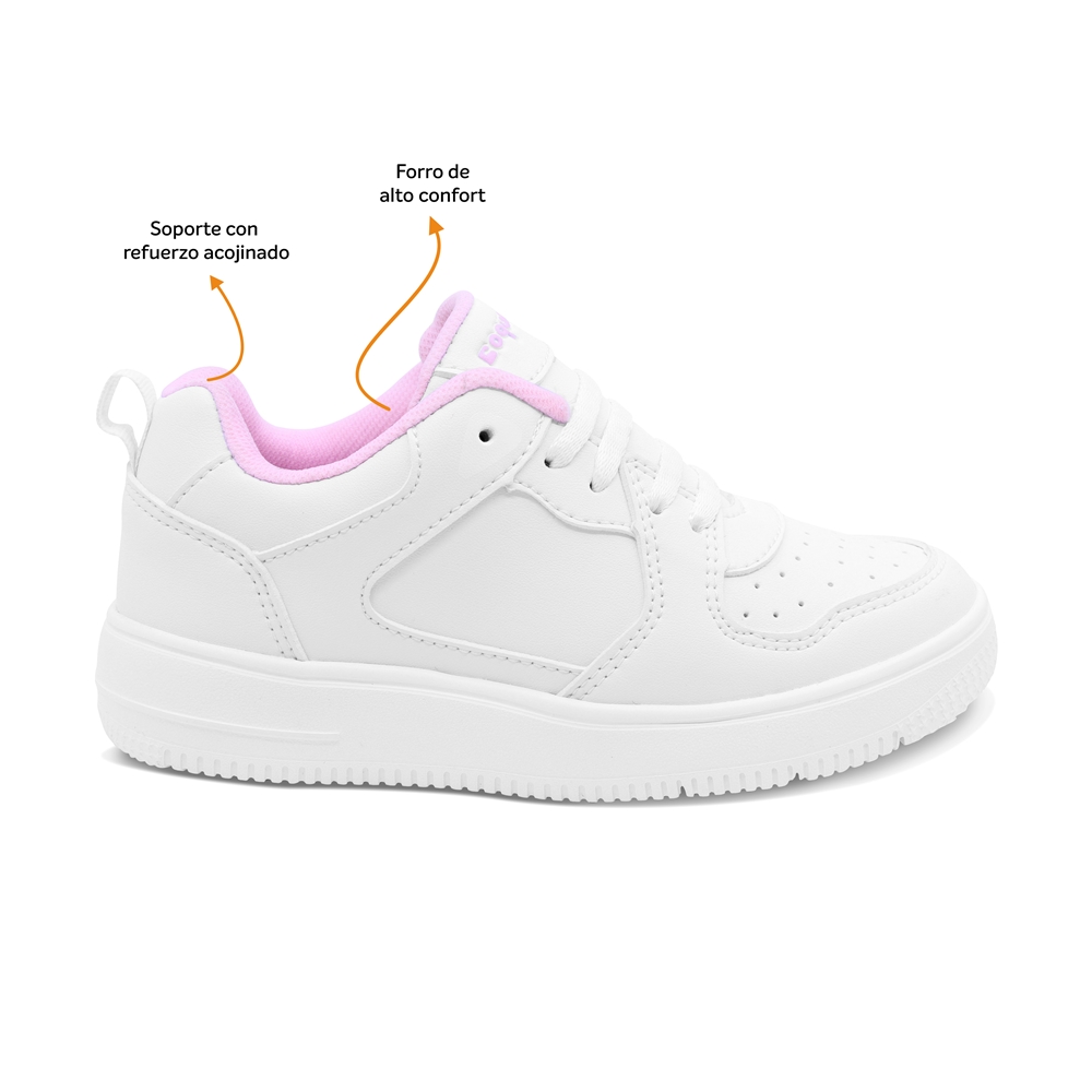 Foto 3 pulgar | Tenis Escolar Coqueta Para Niña Sintético Blanco Con Detalles En Rosa