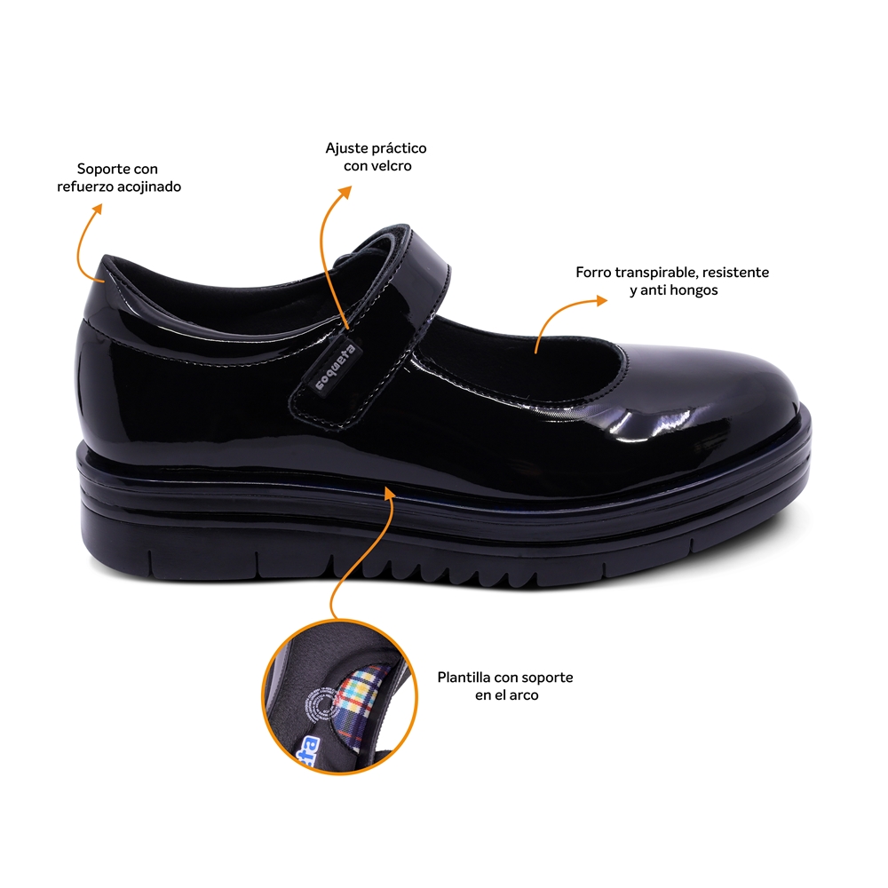 Foto 3 pulgar | Zapato Escolar Coqueta Para Niña En Charol Negro Nora Con Tira De Contacto