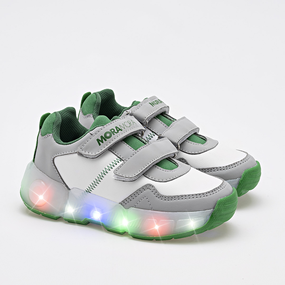 Foto 2 pulgar | Moramora Tenis Urbano Para Niño Gris Blanco Verde, Con Luces Cod.132532