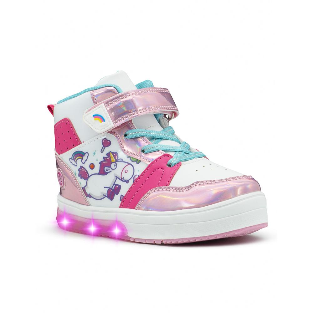 Tenis Bota Para Niña Con Luces Unicornio Arcoiris Blanco Fucsia