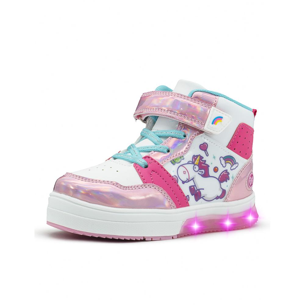 Foto 6 pulgar | Tenis Bota Para Niña Con Luces Unicornio Arcoiris Blanco Fucsia