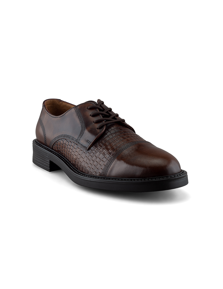 Zapato Formal Derby En Piel Vacuno Grabado Café Para Hombre