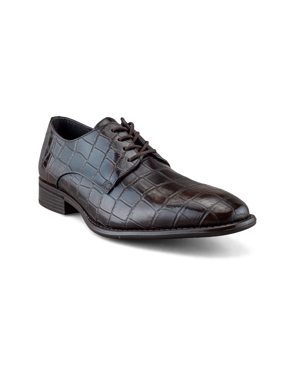 Zapato Derby De Piel Café Oscuro Con Grabado Lagarto Para Hombre