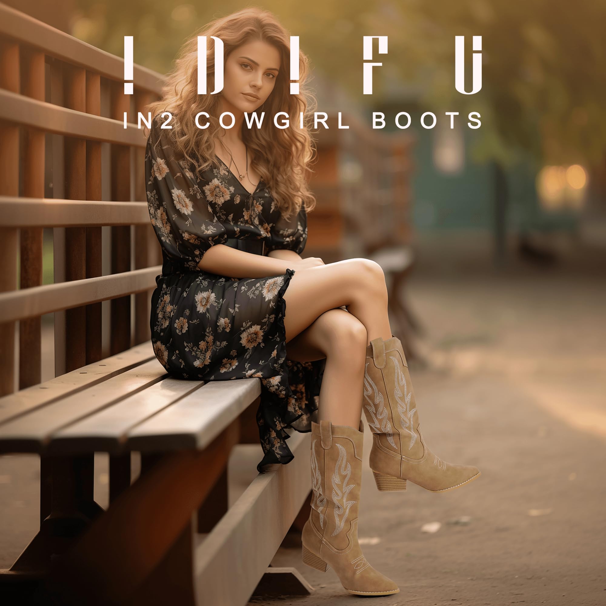 Foto 2 | Botas Vaqueras Idifu Tan Para Mujer, Estilo Western, Tacón A Media Pantorrilla, 5 Cm - Venta Internacional.