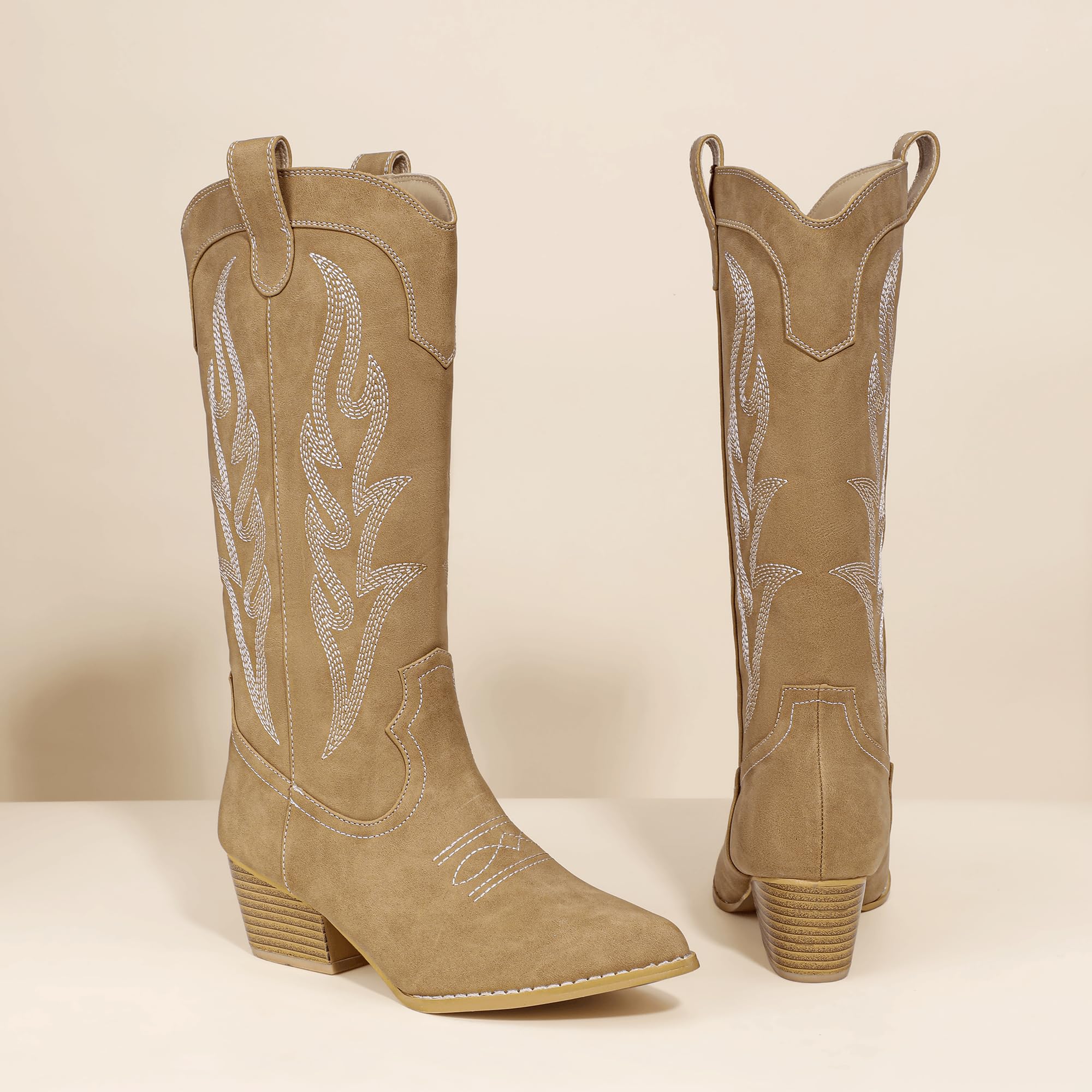 Foto 5 | Botas Vaqueras Idifu Tan Para Mujer, Estilo Western, Tacón A Media Pantorrilla, 5 Cm - Venta Internacional.
