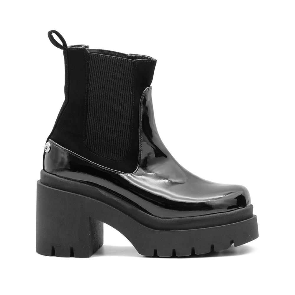 Botín Para Mujer Chunky Elástica Plataforma Charol Negro Negro