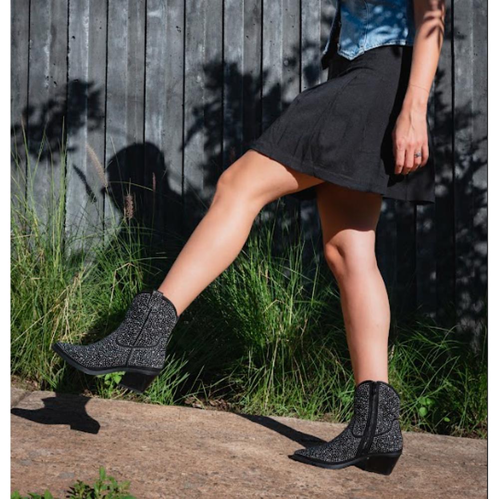 Foto 3 pulgar | Botas Vaqueras Brillo Tacón Moda 6cm Para Mujer Walki Emma Negro