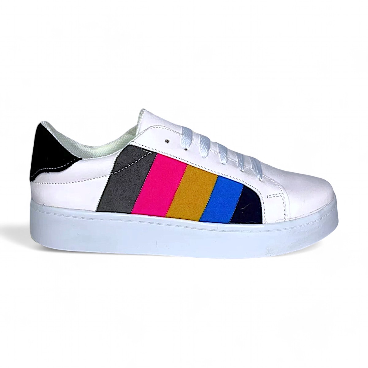 Foto 2 pulgar | Tenis De Dama Blanco Sneakers Rallas De Colores Urbanos Las Cuatas