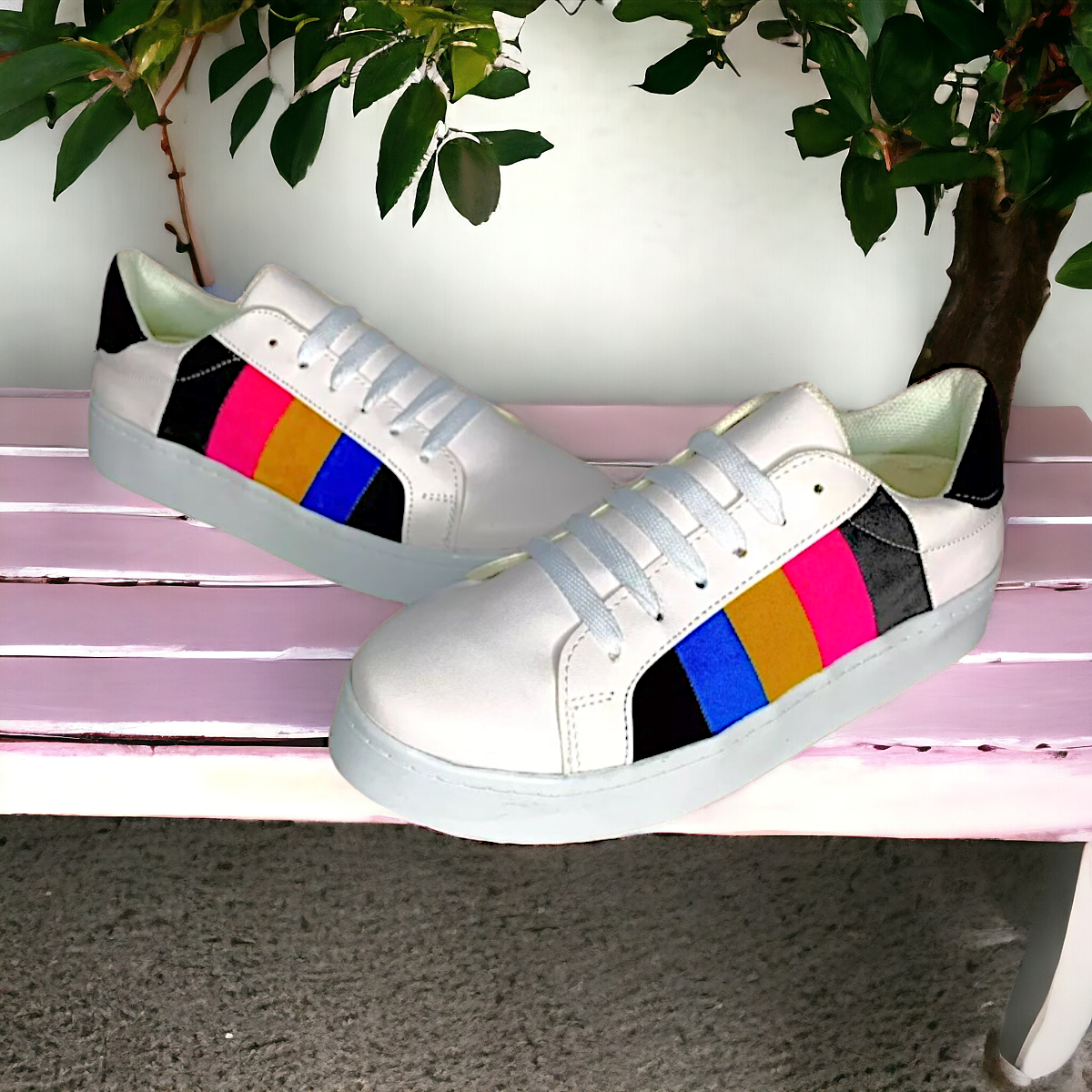 Foto 3 pulgar | Tenis De Dama Blanco Sneakers Rallas De Colores Urbanos Las Cuatas