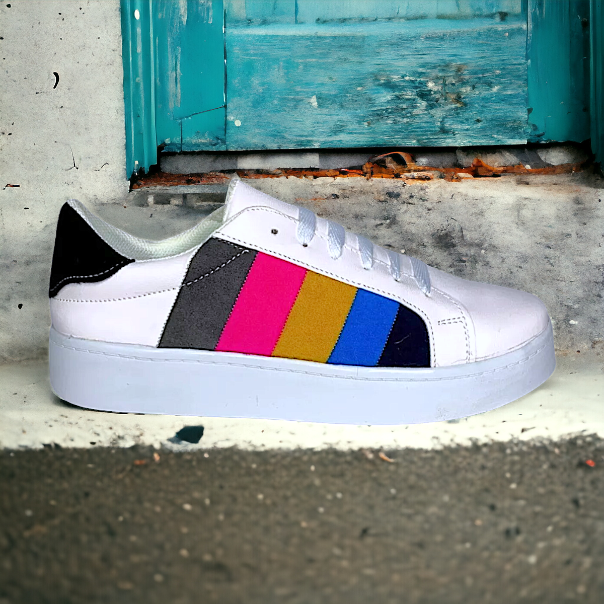 Foto 6 pulgar | Tenis De Dama Blanco Sneakers Rallas De Colores Urbanos Las Cuatas