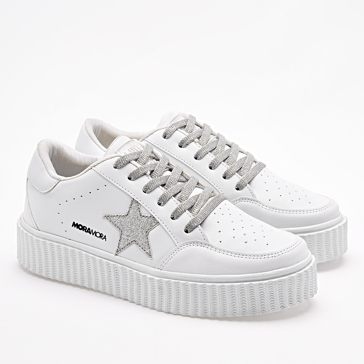 Foto 2 | Tenis Urbanos Moramora Blanco y Plata para Mujer