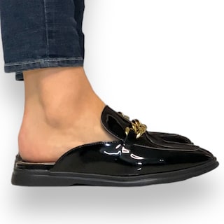 Foto 2 | Flats Mules Charol Negro Cadena Dorada David Serrano