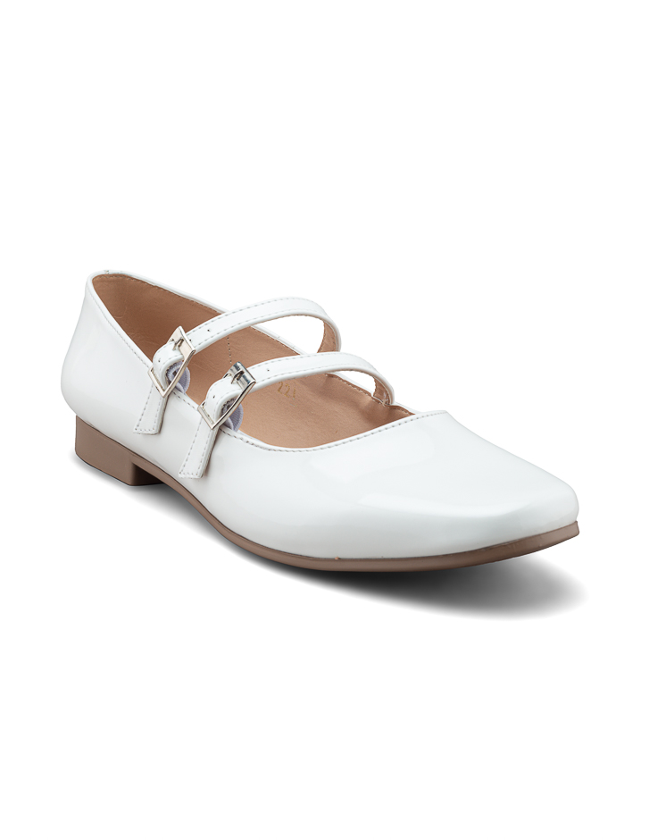 Foto 2 pulgar | Flat De Charol Blanco Con Doble Correa Ajustable Para Mujer