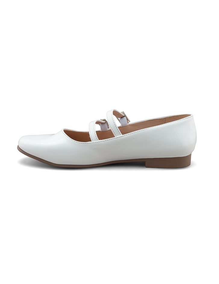 Foto 5 pulgar | Flat De Charol Blanco Con Doble Correa Ajustable Para Mujer