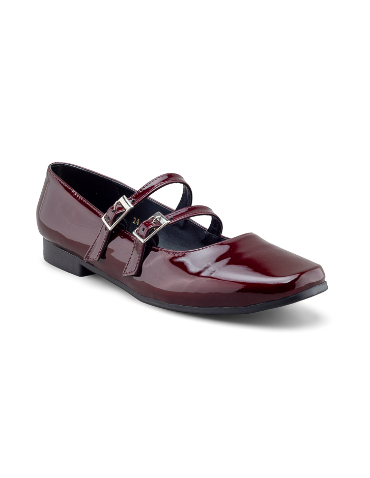 Foto 2 pulgar | Flat De Charol Vino Con Doble Correa Ajustable Para Mujer