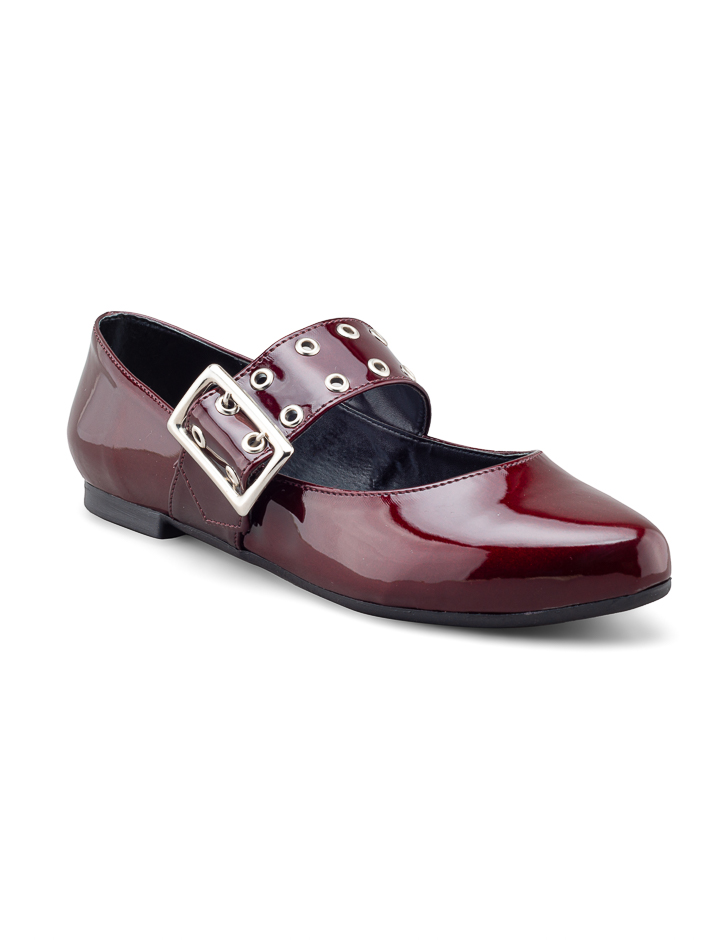 Foto 2 pulgar | Flat De Charol Vino Con Hebilla Para Mujer - Diseño Moderno Y Sofisticado