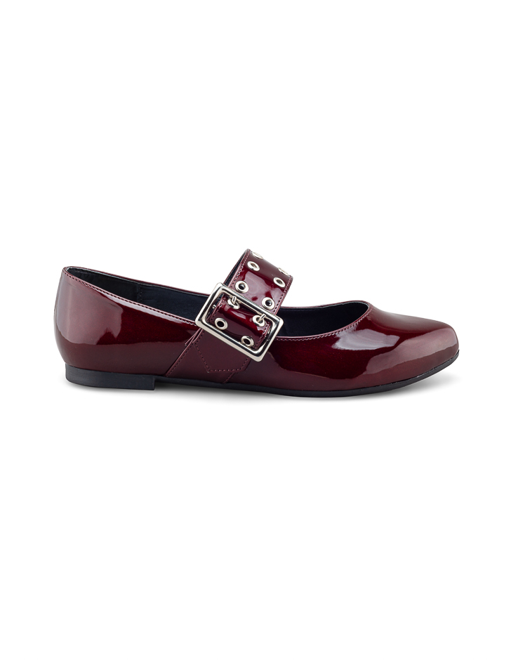 Foto 3 pulgar | Flat De Charol Vino Con Hebilla Para Mujer - Diseño Moderno Y Sofisticado