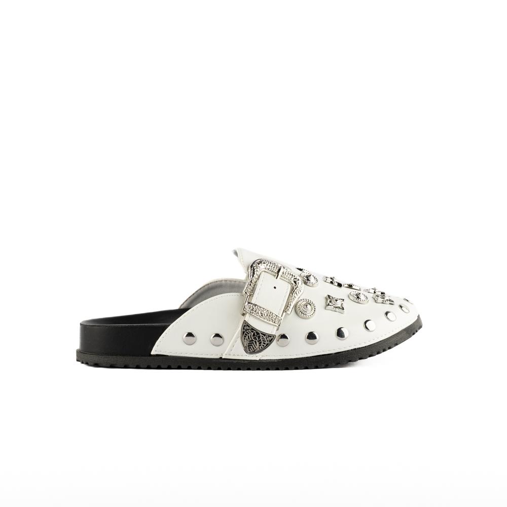 Mule Brillo Flat Zapato Moda Para Mujer Walki Akemi Blanco