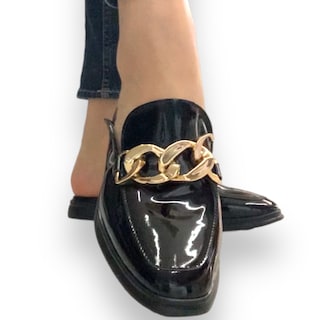 Foto 8 | Flats Mules David Serrano Charol Negros Cadena Gruesa para Mujer