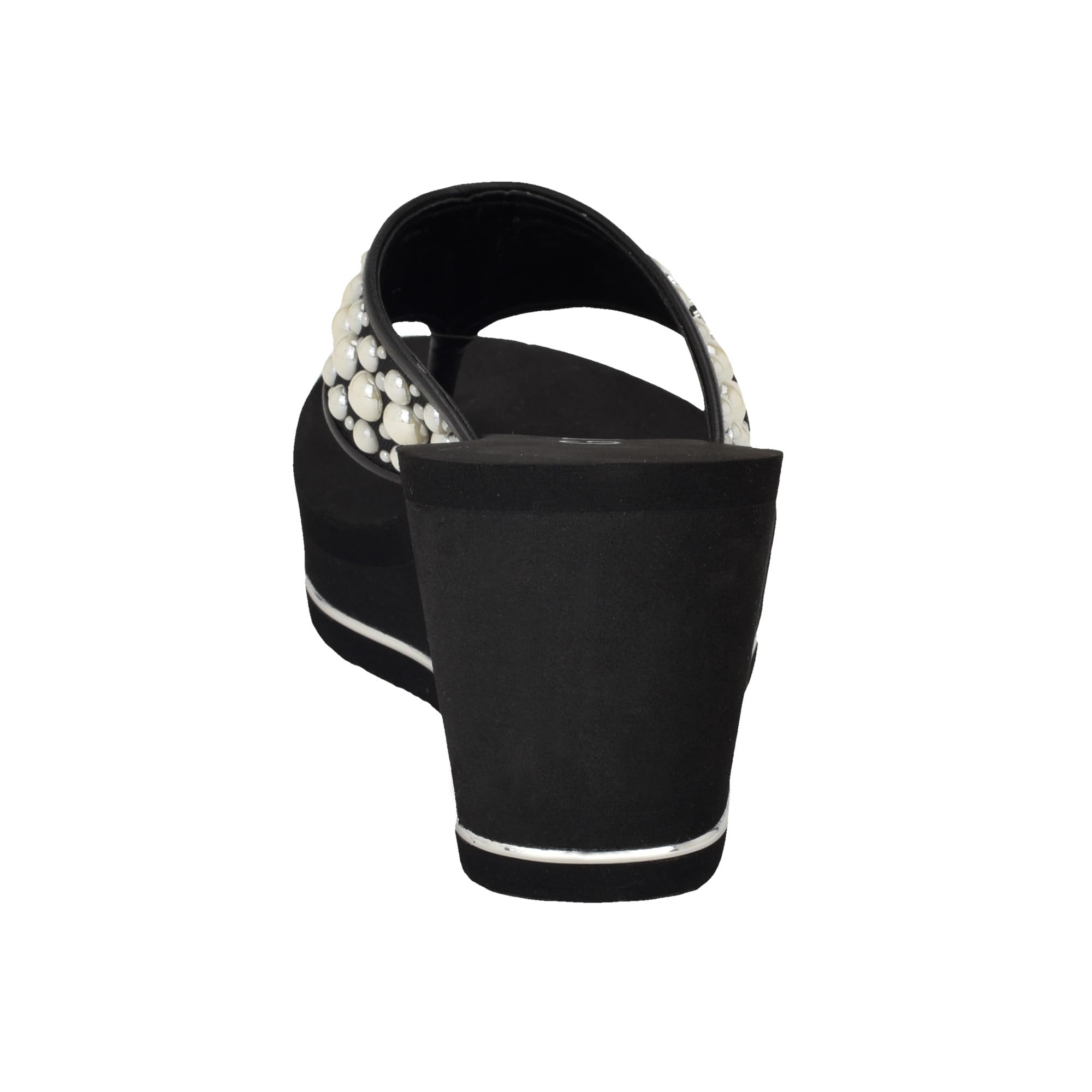 Foto 4 pulgar | Sandalia Con Cuña Guess Silus Para Mujer, Color Negro Con Correa De Perlas - Venta Internacional.