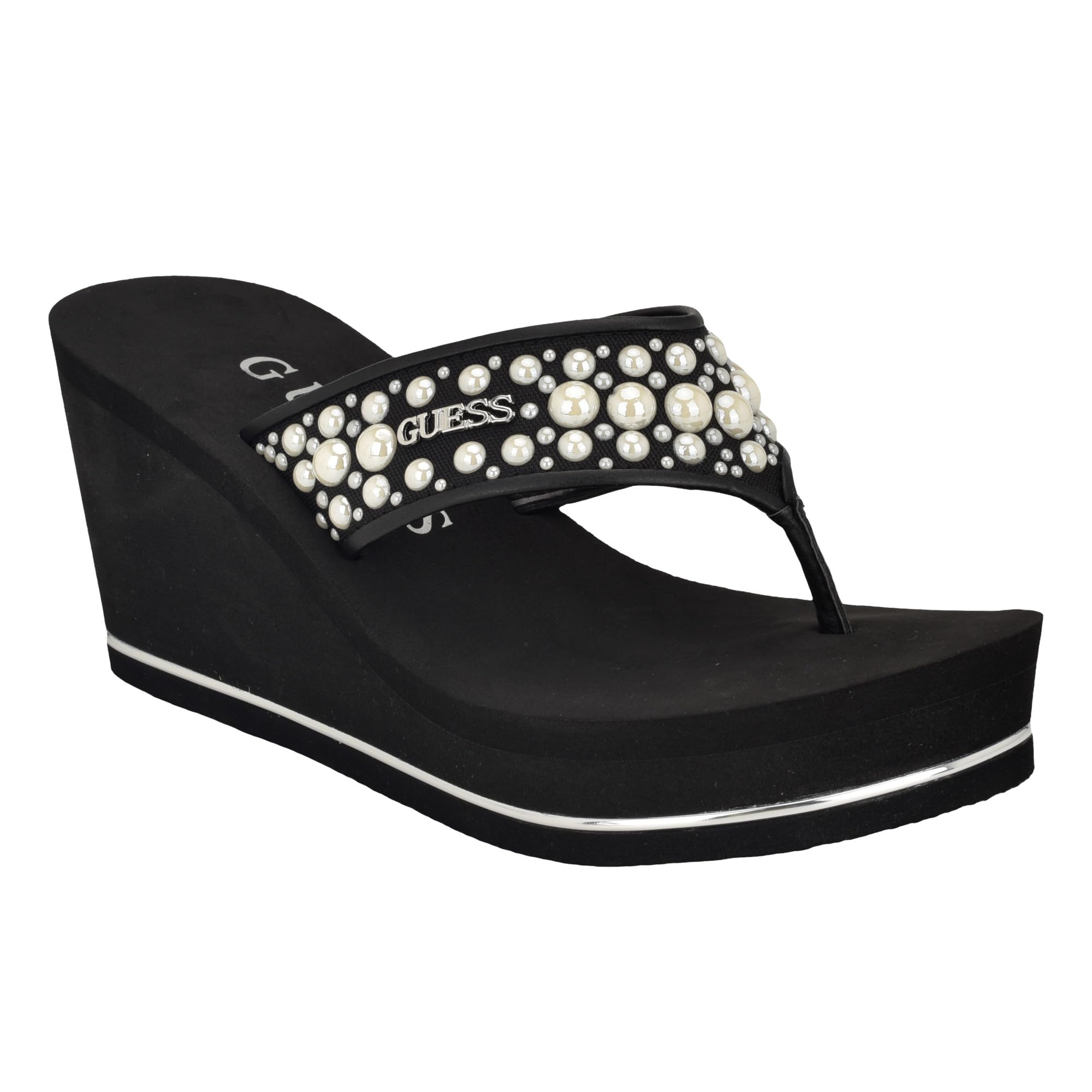 Foto 2 pulgar | Sandalia Con Cuña Guess Silus Para Mujer, Color Negro Con Correa De Perlas - Venta Internacional.