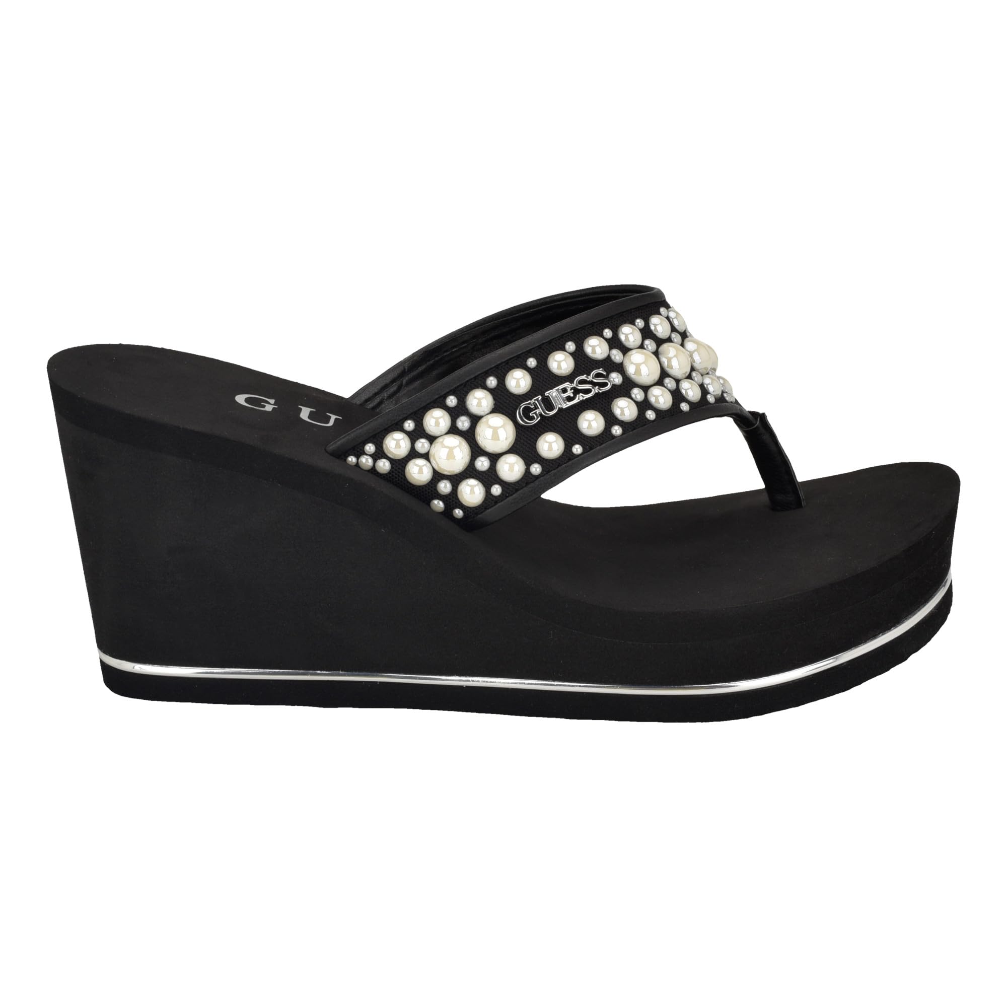 Foto 6 pulgar | Sandalia Con Cuña Guess Silus Para Mujer, Color Negro Con Correa De Perlas - Venta Internacional.