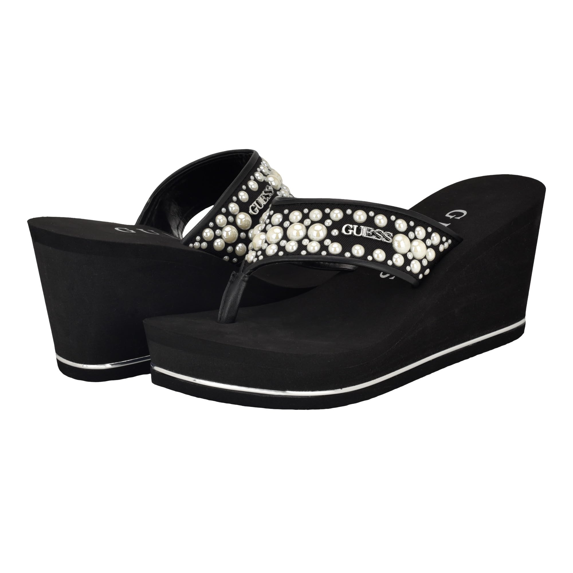 Foto 7 pulgar | Sandalia Con Cuña Guess Silus Para Mujer, Color Negro Con Correa De Perlas - Venta Internacional.