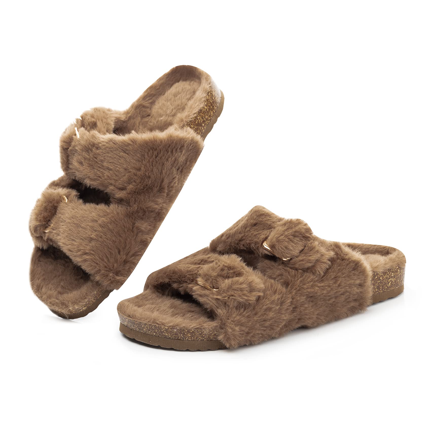Foto 2 pulgar | Sandalias Slipper Fitory Con Punta Abierta De Piel De Conejo Sintética Y Corcho, Color Marrón 8 - Venta Internacional.