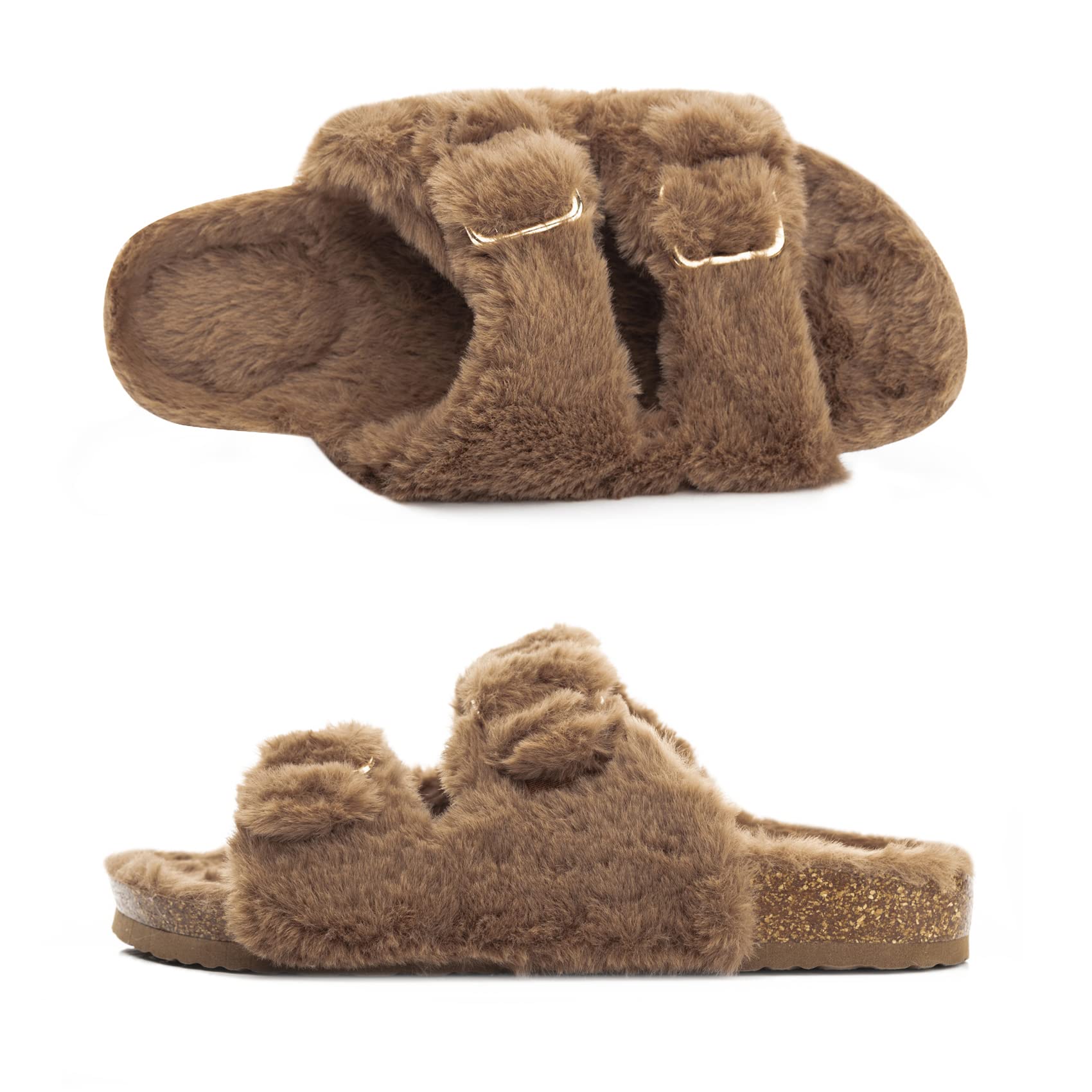 Foto 5 pulgar | Sandalias Slipper Fitory Con Punta Abierta De Piel De Conejo Sintética Y Corcho, Color Marrón 8 - Venta Internacional.