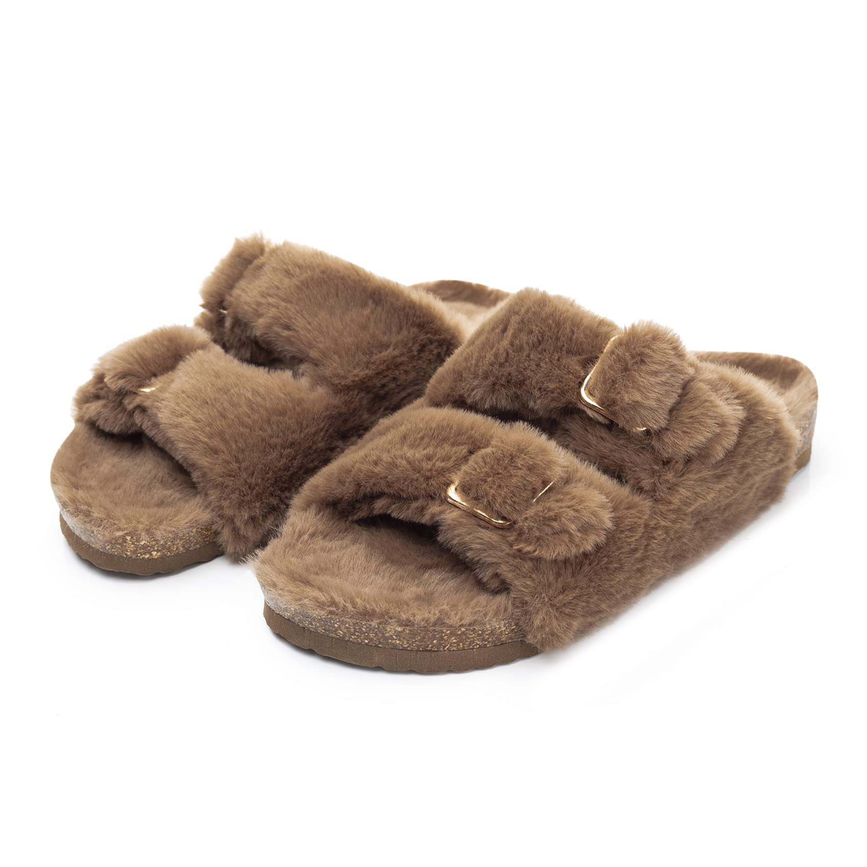 Foto 6 pulgar | Sandalias Slipper Fitory Con Punta Abierta De Piel De Conejo Sintética Y Corcho, Color Marrón 8 - Venta Internacional.