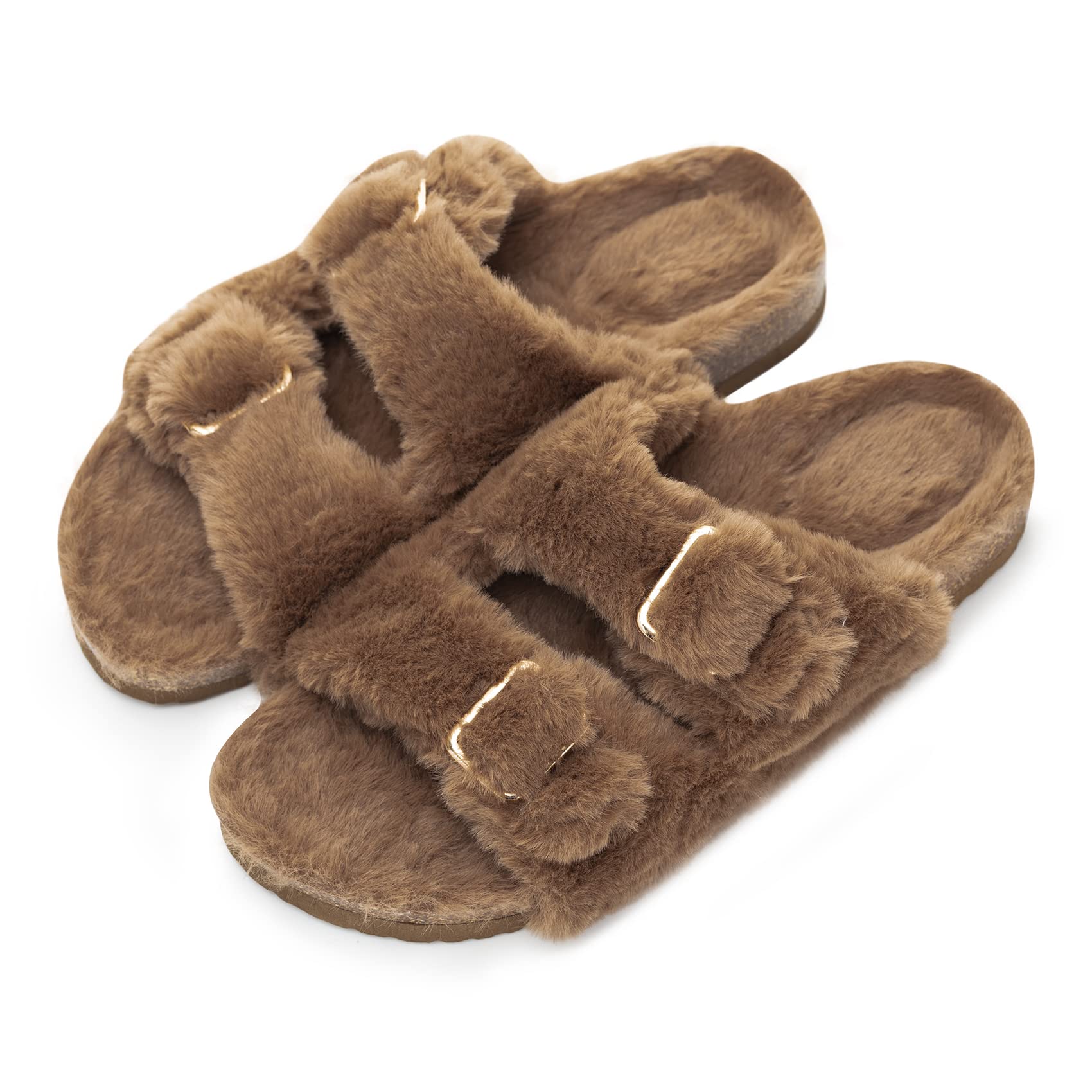 Foto 7 pulgar | Sandalias Slipper Fitory Con Punta Abierta De Piel De Conejo Sintética Y Corcho, Color Marrón 8 - Venta Internacional.