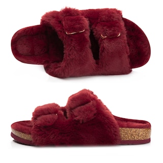 Foto 4 | Zapatilla Fitory Para Mujer Con Punta Abierta, Piel De Conejo Sintética, Color Rojo Vino 10 - Venta Internacional.