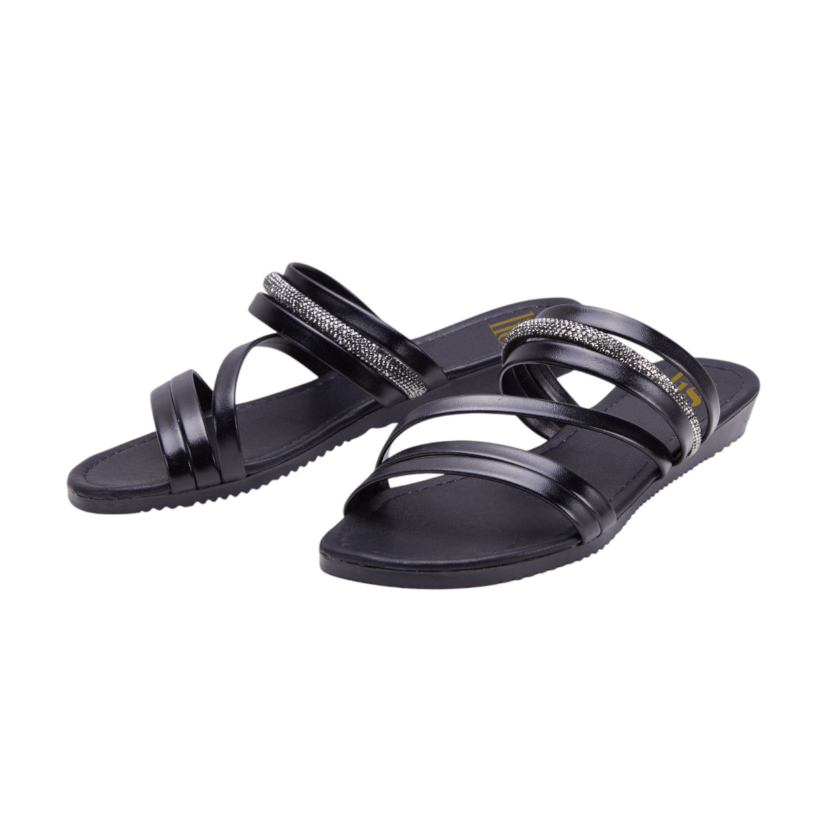 Foto 4 pulgar | Sandalias Calzado Watanabe Color Negro Planas Diseño Tiras Brillo