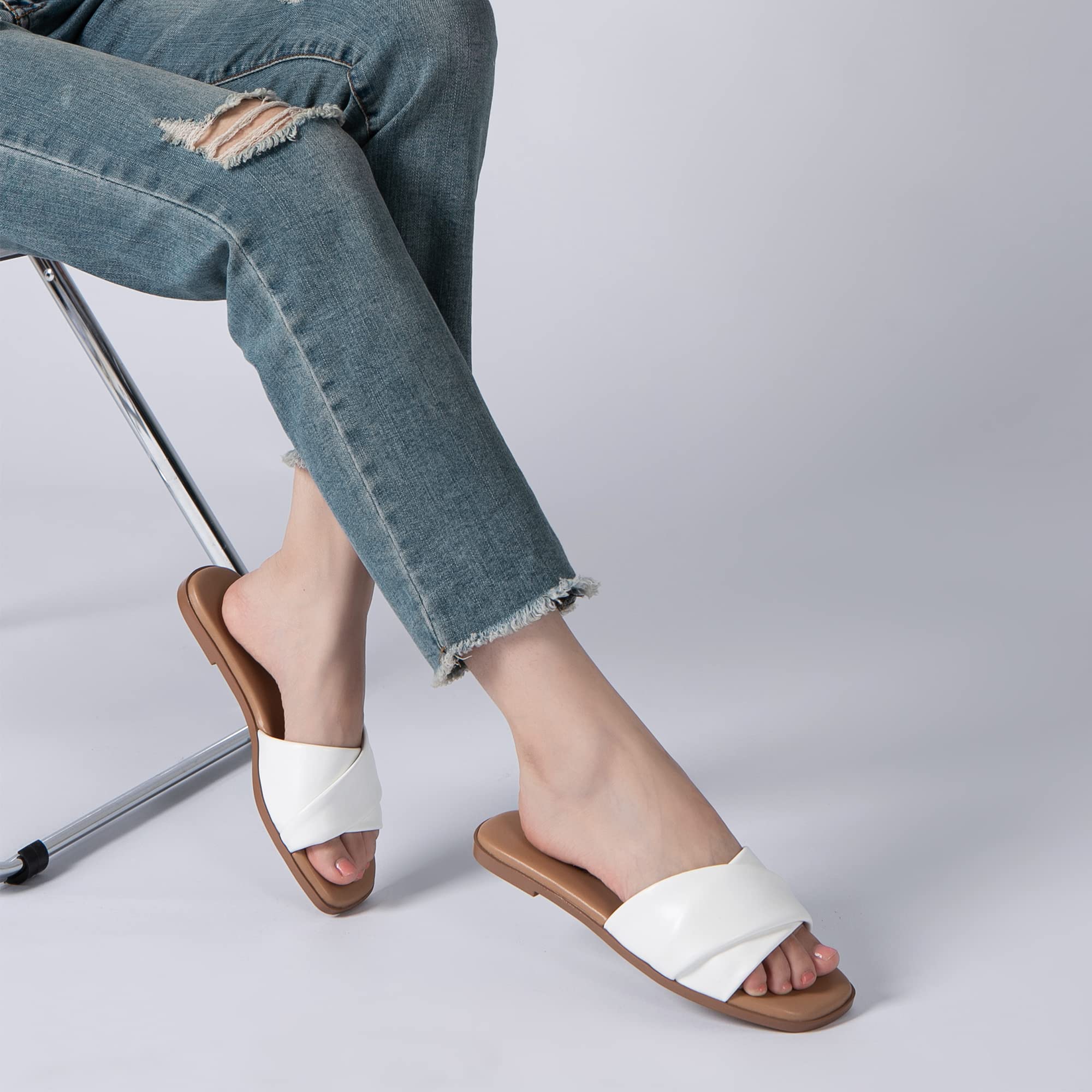 Foto 6 pulgar | Sandalias Planas Athlefit Para Mujer, Cuero De Verano, Color Blanco, Talla 9 - Venta Internacional.